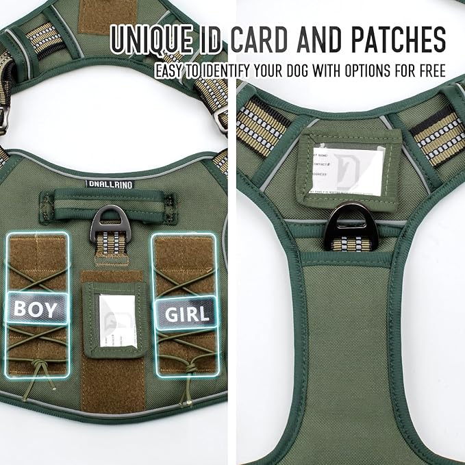 Tactical Dog Harness for Medium Large Dogs, Green Dog Harness with ID Card, Reflective Hiking Harness for Training Easy Control Dog Vest with Handle Green