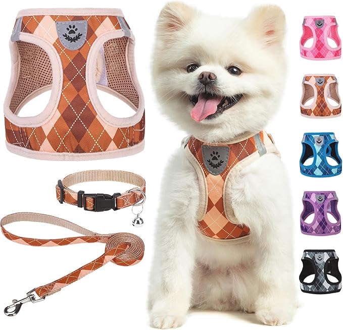 SCENEREAL Dog Harness Collar and Leash Set, Step-in No Pull Pet Vest Harnesses for Small Medium Dogs Puppy Cats, Soft Mesh No-Chock Reflective Vest Harness for Outdoor Walking Running, Brown Plaid M