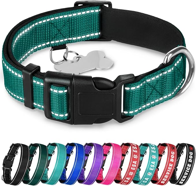 TECEUM Reflective Pet Collar – Dark Emerald Green – XXS – Extra Soft Padding – Nylon Dog Collar – Quick Release Buckle – Fits Small, Medium and Large Dogs, Puppies, Cats – ESA & Service Dog Options