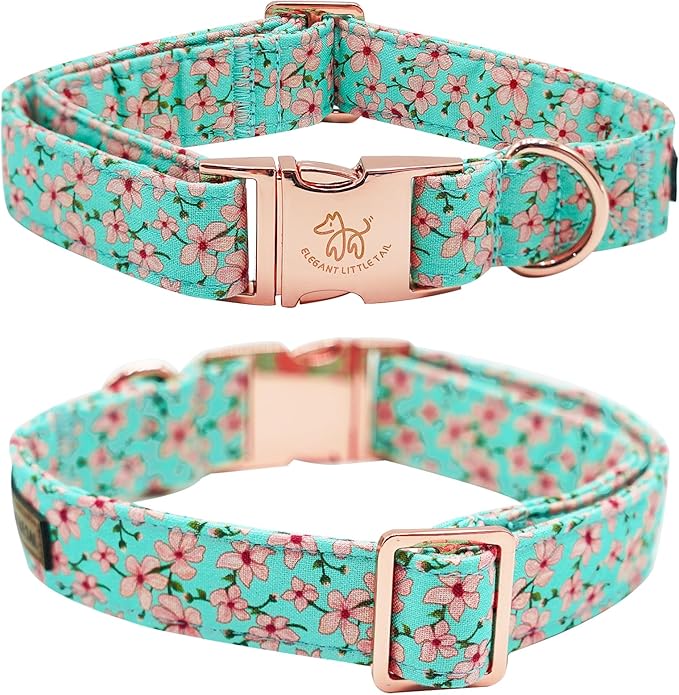 Elegant little tail Dog Collar, Spring Pet Collar with Flower Dog Durable Pink Flower Print Dog Collars Girl Pet Gift Adjustable Dog Collar for Large Dogs