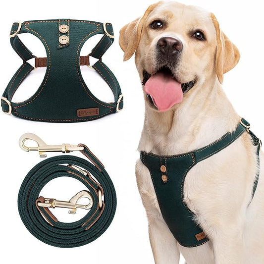 Dog Harness, No Pull Dogs Harness and Multi-Function Leash Set for Medium Dogs Easy Walk Everyday Adjustable Soft Dog Vest Harness Fashionable Dog Accessories Denim Vintage Green-Button-L