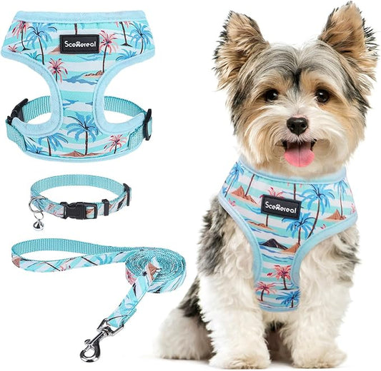 SCENEREAL Small Dog Harness and Leash Collar Set - No Pull Dog Harness for Small & Medium Sized Dogs - Soft Mesh Vest for Puppies, Chihuahua, Yorkie, Spring Summer Hiking Walking, Coconut Tree S