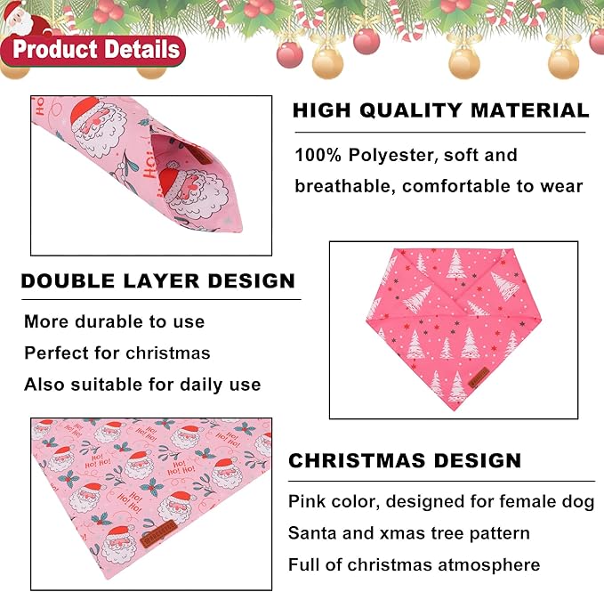 ADOGGYGO Pink Christmas Dog Bandana, Santa Xmas Tree Dog Scarf, Adjustable Fit Pink Pet Christmas Bandanas for Medium Large Dogs (Large)