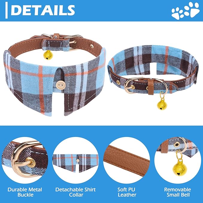 EXPAWLORER Dog Collar and Leash Set - Embroidery Pawprints Plaid Dog Leash and Collar Set, Cute Dog Bandana Collar with Bell, Dog Collars for Small Medium Dogs Cats Girl Boy, SkyBlue S-M