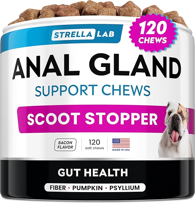 STRELLALAB Anal Gland Support Chews - Scoot Treatment - Digestive Enzymes, Prebiotics & Fiber Supplement for Dogs Digestion & Gut Health. Proprietary Blend of Beet, Psyllium, Dandelion & Pumpkin 120Ct