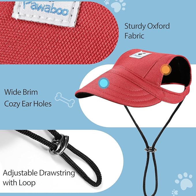 Pawaboo Dog Baseball Cap, Outdoor Pet Sport Sun Protection Baseball Cap Hat, Adjustable Travel Sport Hat Visor Sunbonnet Outfit with Ear Holes for Small Dogs Puppy, L, Red