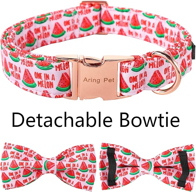 ARING PET Summer Pink Watermelon Dog Collar with Bow, Adjustable Cotton Bowtie Collar with Metal Buckle