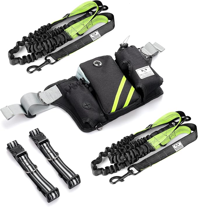 SHINE HAI Retractable Hands Free Dog Leash with Dual Bungees for 2 Dogs, Adjustable Waist Belt, Reflective Stitching Leash for Running Walking Hiking Jogging Biking Black - Green