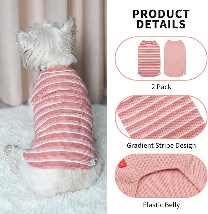 KYEESE 2Pack Waffle Dog Shirts Stretchy T-Shirts Lightweight Tank Top Sleeveless Striped Vest Breathable Pet Tee, XX-Large, Pink+Striped