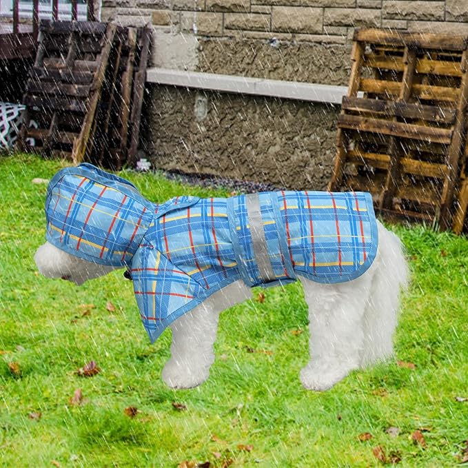 KOOLTAIL Dog Raincoat Hooded Slicker Poncho with Leash Hole, Raincoat for Small Medium Dogs, Waterproof Doggie Rain Jacket with Reflective Strip, Adjustable Breathable Plaid Puppy Rainwear-Blue