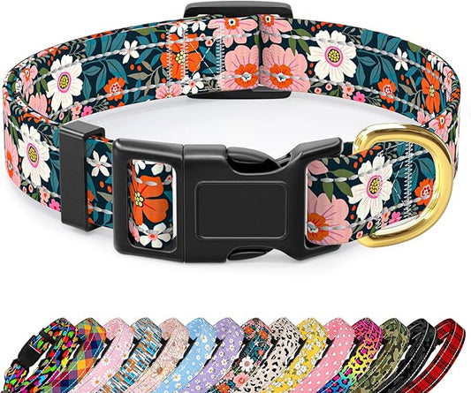 Reflective Dog Collar for Small Dogs, Cute Flower Theme Adjustable Heavy-Duty Nylon Puppy Collar for Boy and Girl Female, Soft Pet Accessories with Quick Release Buckle, Elegant Floral