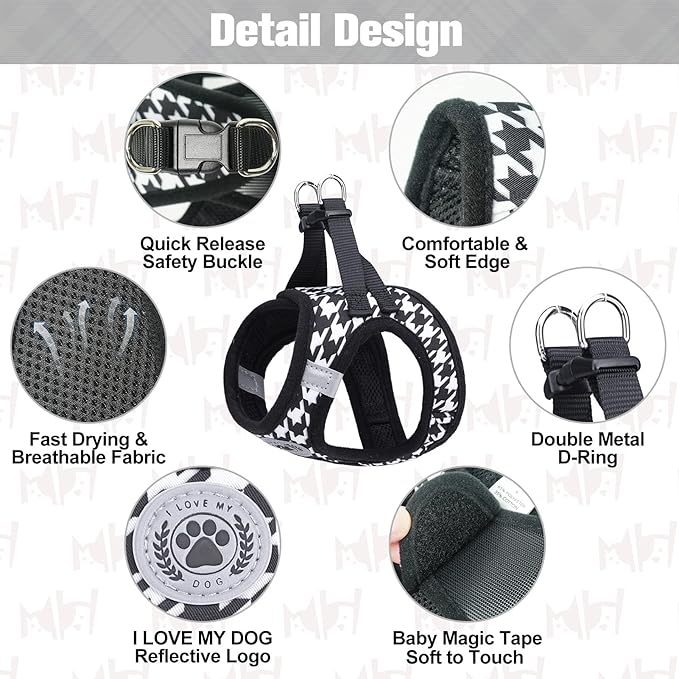 BEAUTYZOO Small Dog Harness and Leash Set,Step in No Choke No Pull Soft Mesh Dog Harnesses Reflective for Extra-Small Medium Puppy Dogs and Cats, Plaid Dog Vest Harness for XS S Pets, Black S