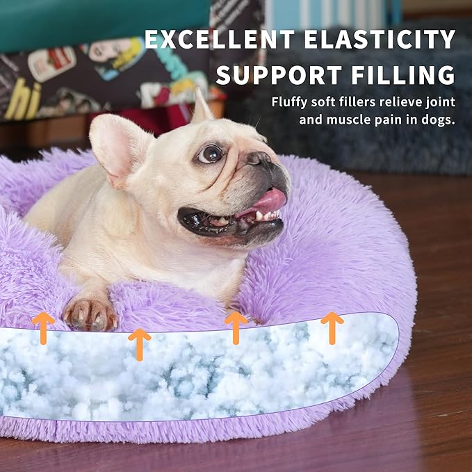 Purple Dog Bed Medium Size Dog 23 Inch Anti-Anxiety Donut Cuddler Bed, Warming Cozy Soft Fluffy Faux Fur Plush