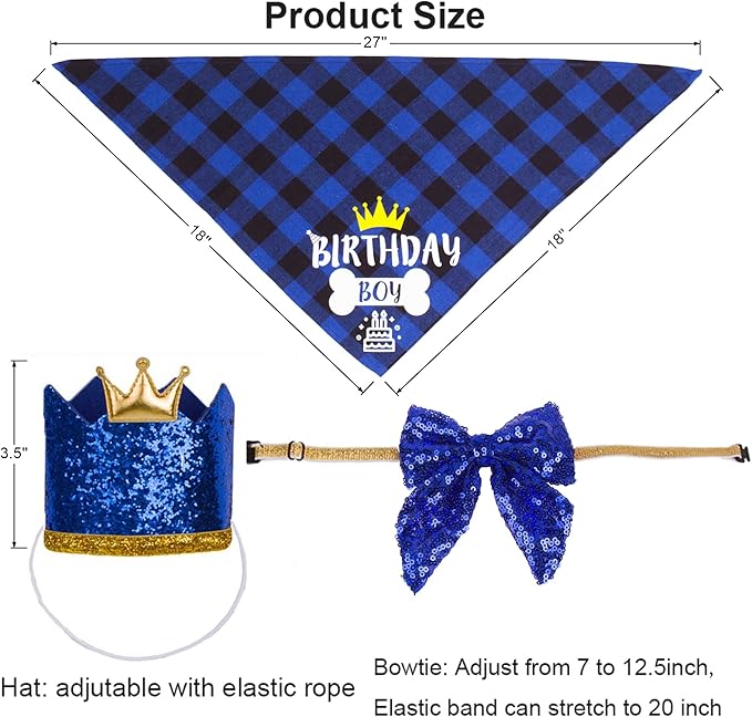 ADOGGYGO Dog Birthday Hat Bandana - Birthday Boy Dog Bandana Pet Party Hat with Numbers Bow and Happy Birthday Banner Set