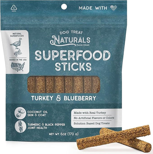 Turkey & Blueberry Superfood Sticks | All-Natural Premium Training Treats | Contains Turmeric for Joint Health | Made with Real Turkey & Blueberry | Made in USA | 10 Ounces