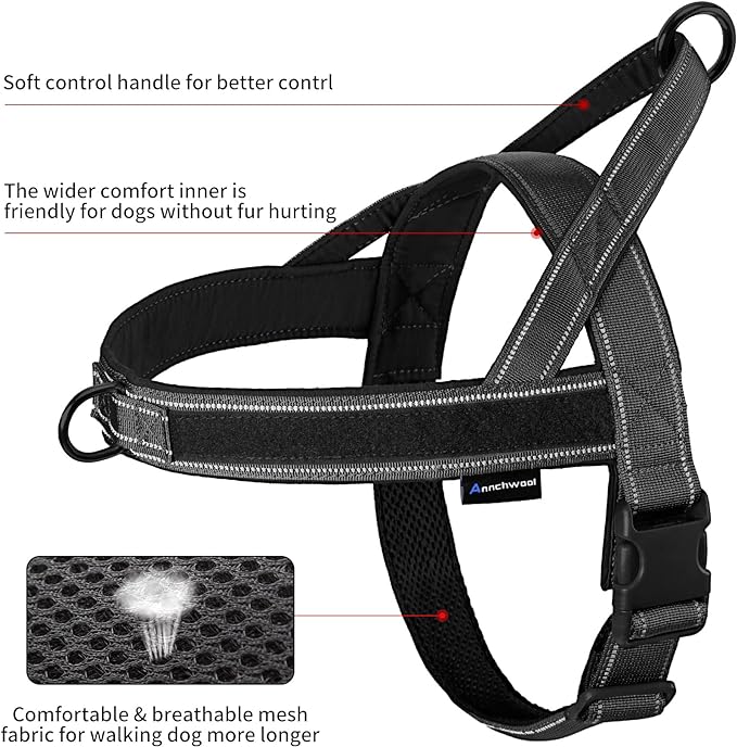 Annchwool No Pull Dog Harness with Padded Handle+5 Ft Leash,Reflective Strip Escape Proof and Quick Fit to Adjust Dog Harness,Easy for Training Walking for Small & Medium and Large Dogs(Black-Set,XL)