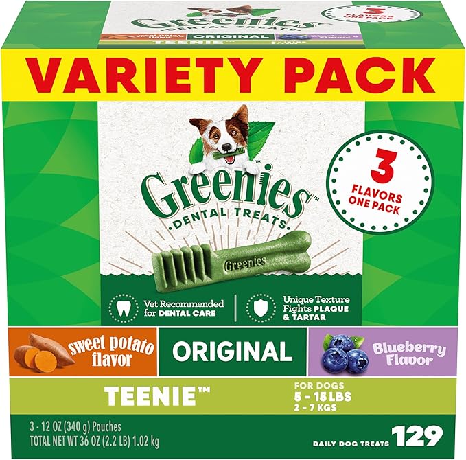 Greenies Teenie Dental Dog Treats 3-Flavor Variety Pack, (3) 12 oz. Pouches, 129 Total Treats