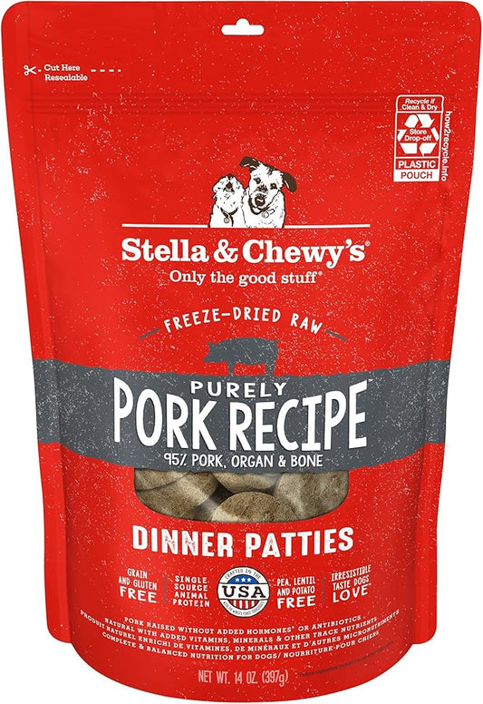 Stella & Chewy's Freeze-Dried Raw Dinner Patties - Purely Pork Recipe - High Protein Grain-Free Puppy & Dog Food - Perfect For Picky Eaters - 14 oz