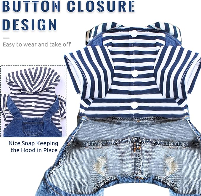 Small Dog Hoodie Clothes Cute Stripe Shirts Denim Jumpsuit One-Piece Outfit for Small Medium Dogs Cats Boy Girl Chihuahua Blue Jeans Overalls Puppy Costume (Blue,L)