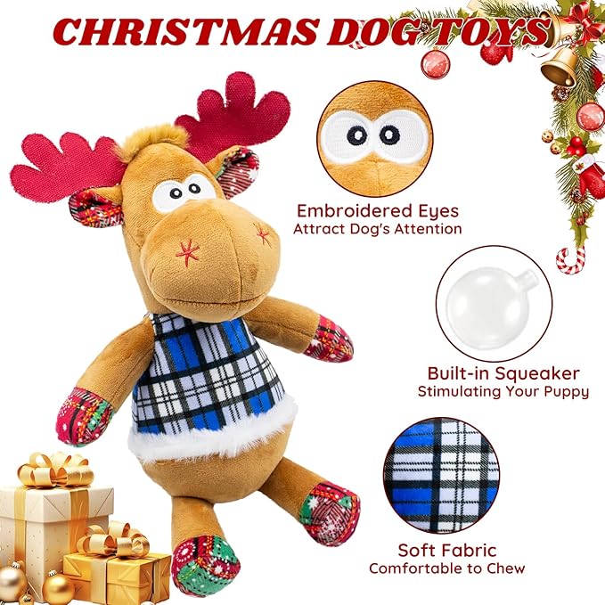 Dog Toys Squeaky Interactive Puppy Teething Chew Toy with Crinkle Sound Paper Tail Stuffed PP Cotton,Keep Them Busy, Large Medium Small Breeds Indoor Play, Christmas Deer
