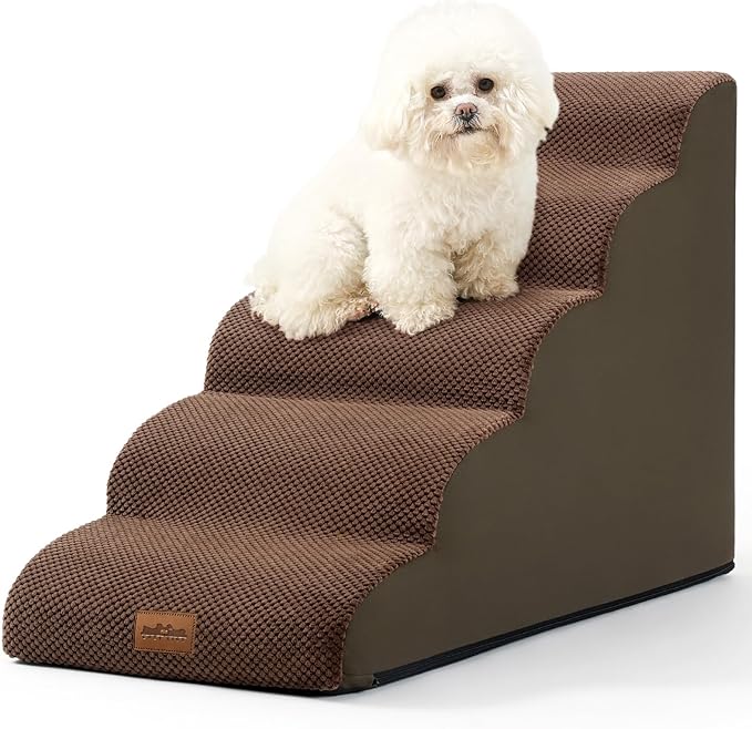 Dog Stairs for High Bed 22.6" H, Small Dog Step for Puppy, Older or Cat, Curved Ramp for Car, Ladder with High Density Foam, Lightweight, Durable, 15.7x33x22.6 inch, 5 Step, Brown