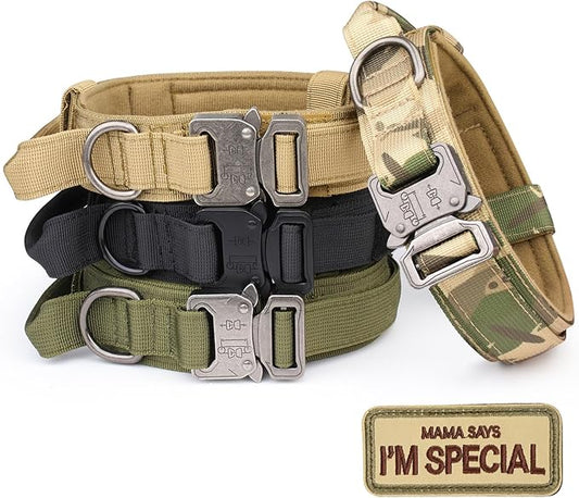 KCUCOP Tactical Dog Collar with Handle,Adjustable Military Dog Collar with Metal Buckle and Patches,Heavy Duty Dog Collars for Medium and Large Dogs (Militarygreen-L)
