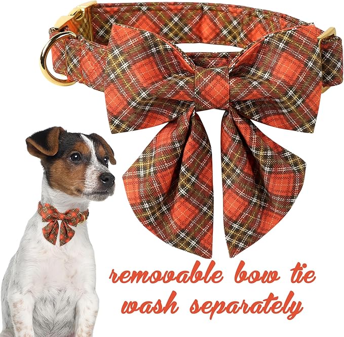 Unique Style Paws Cotton Dog Collar with Bow Halloween Pumpkin Plaid Dog Collar with Bow Tie for Small Medium Large Dogs Pets Gifts