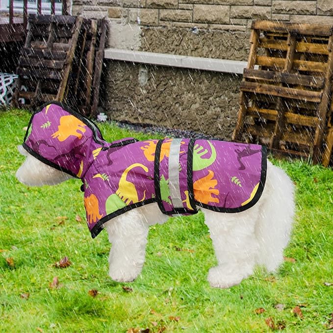 KOOLTAIL Dog Raincoat Hooded Slicker Poncho with leash hole, DRaincoat for Small Medium Dogs, Waterproof Doggie Rain Jacket with Reflective Strip, Adjustable Breathable Puppy Rainwear-Dinosaur Cartoon
