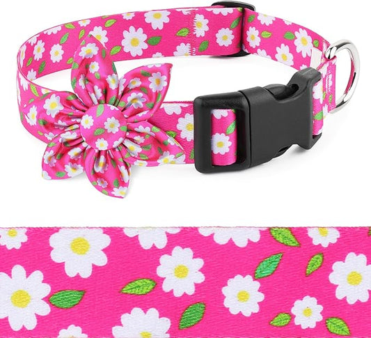 Daisy Pink Dog Collar Cute Dog Collars with Flower Bow for Small Medium Large Dogs Hot Pink Floral Colored Options Soft and Fancy Pet Collars for Girls Flower Pattern for Girl Dog Collar