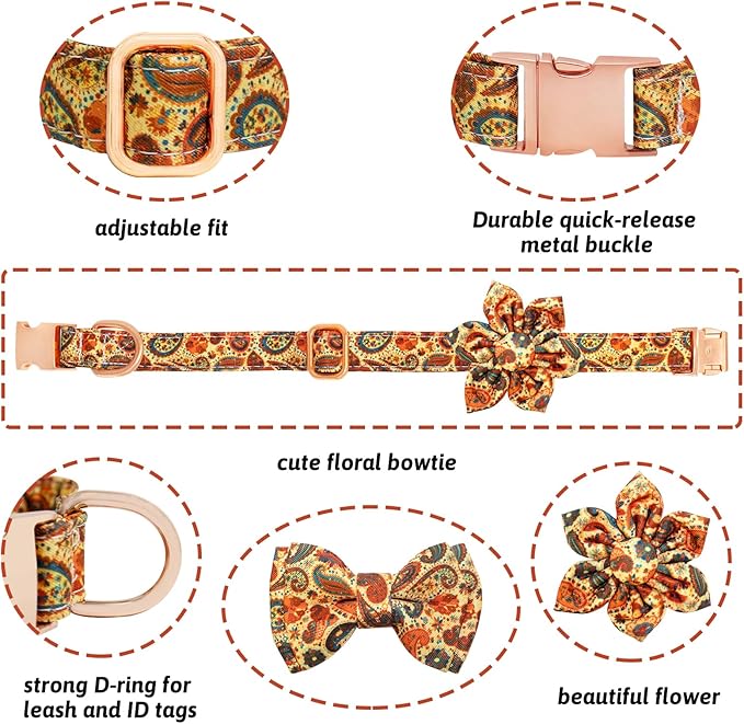 Dog Collar and Leash Set Girls Adjustable Puppy Collars with Floral Bow Tie for Small Medium Large Female Dogs, Orange Paisley, L