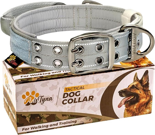 ADITYNA Heavy Duty Dog Collar for Extra-Large Dogs - Reflective Gray Collar with Handle for Training, and Walking - Wide, Thick, Tactical, Soft Neoprene Padded