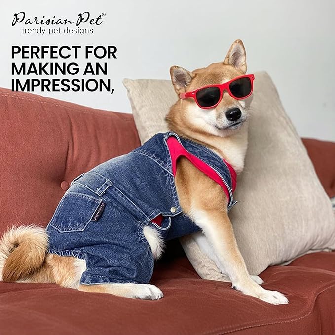 Parisian Pet Denim Overall - Blue Dog Jeans Outfit - Breathable Puppy Jumpsuit Costumes - Machine Washable Overall for Dogs - Dog Clothes for Small Dogs - S