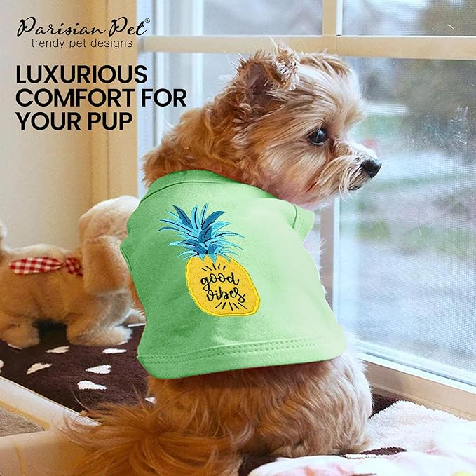 Parisian Pet Dog Tshirt - Embroidered “ Good Vibes “ Dogs Apparel - 100% Cotton and Lightweight Dog Clothes - Sleeveless Doggy Tee Shirts - Machine Washable Shirts for Medium Dogs - Pet Vest - M