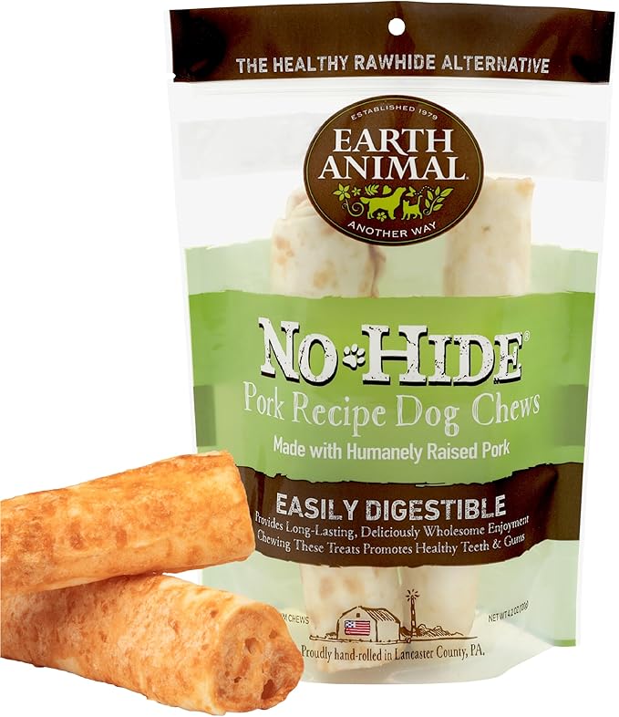 Earth Animal No Hide Medium Pork Flavored Natural Rawhide Free Dog Chews Long Lasting Chew Sticks | Treats for Large Dogs | Great for Aggressive Chewers (1 Pack)
