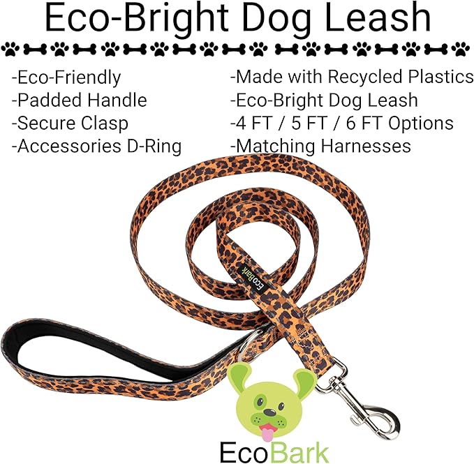 EcoBark Dog Leash - 4 FT / 5 FT / 6 FT Reflective Dog Leash- Eco-Bright Dog Leashes with Padded Handle - Strong Heavy Duty Dog Leash - Nylon Dog Leash for Medium and Large Dogs (Cheetah Dog Leash)