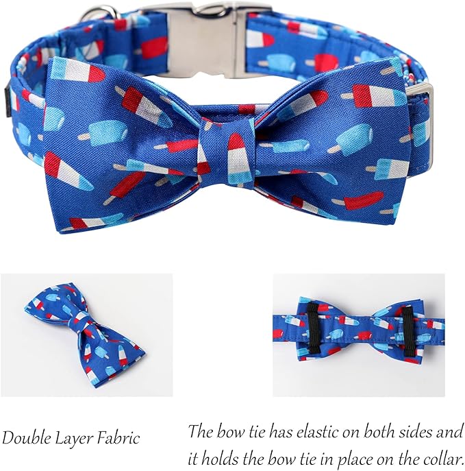 Lionet Paws Patriotic Dog Collar with Bowtie, 4th of July, Soft and Comfortable Adjustable Summer Popsicle Bowtie Collar for Puppies and Cats Male Female Gift, XXS, Neck 7-11 inches