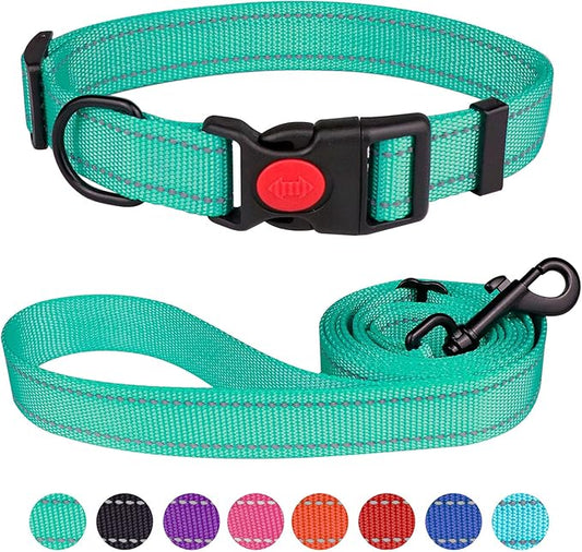 Reflective Dog Collar and Leash Set with Safety Locking Buckle Nylon Pet Collars Adjustable for Small Medium Large Dogs 3 Sizes(Mint Green&S)
