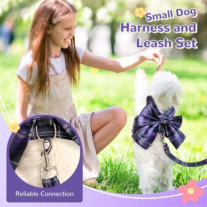 Cute Dog Harness and Leash Set with Bow Tie Soft Mesh Plaid Girl Puppy Harness No Pull Pet Cat Dog Vest Harness for Small Dogs Chihuahua Rabbit Outfit (Purple,L)
