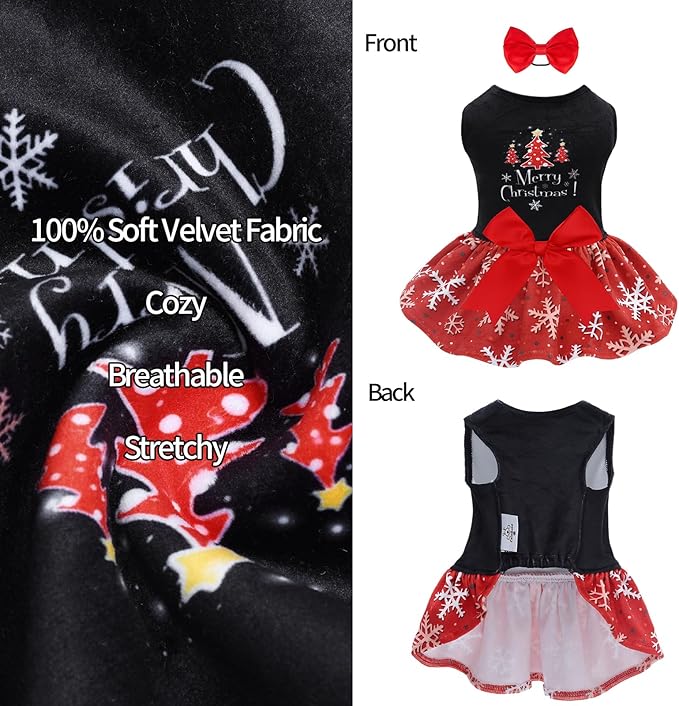 CuteBone Christmas Dog Dresses Velvet Holiday Small Dogs Clothes Onesie Pet Apparel Girl Puppy Skirt with Bow Hair Rope CVA54XXS-D