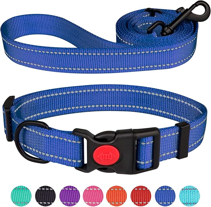 Reflective Dog Collar and Leash Set with Safety Locking Buckle Nylon Pet Collars Adjustable for Small Medium Large Dogs 3 Sizes(Navy Blue&M)