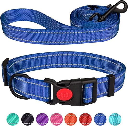 Reflective Dog Collar and Leash Set with Safety Locking Buckle Nylon Pet Collars Adjustable for Small Medium Large Dogs 3 Sizes(Navy Blue&M)