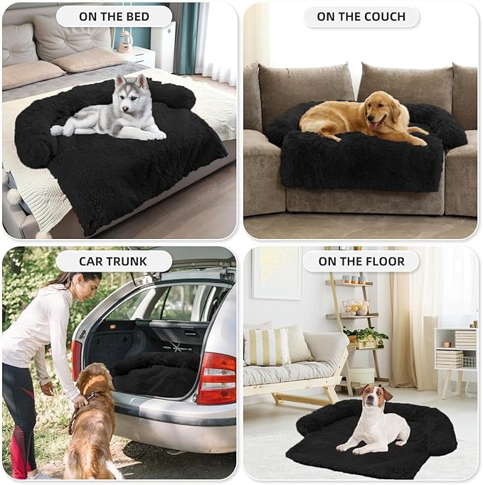 Calming Dog Bed Fluffy Plush Dog Mat for Furniture Protector with Removable Washable Cover for Large Medium Small Dogs and Cats (Extra Large (53x39.3x6), Black)