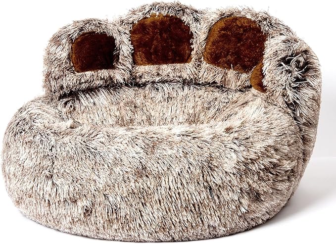 Jiupety Paw Shape Calming Pet Bed, Plush Faux Fur Donut Bed for Dogs & Cats, Machine Washable, Non-Slip Bottom, Medium (22"×22"×6"), Gray