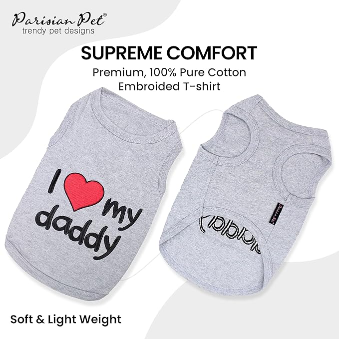 Parisian Pet Unisex Dog T-Shirt - Embroidered 'I Love My Daddy' 100% Cotton, Tee Shirts - Breathable Sleeveless Pet Vest - Dog Clothes for Medium-Sized Dogs - M