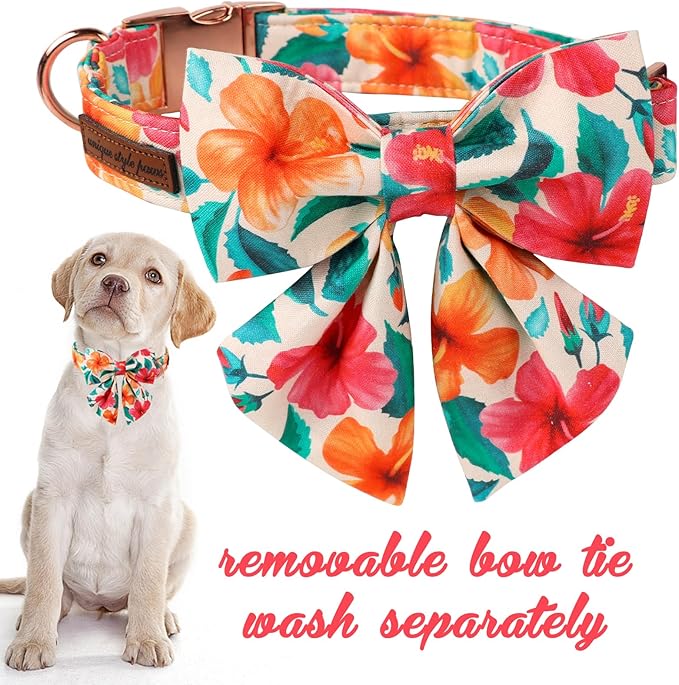Unique Style Paws Cotton Dog Collar with Bow Floral Plaid Colorful Dog Collar with Bow Tie for Small Medium Large Dogs Pets Gifts