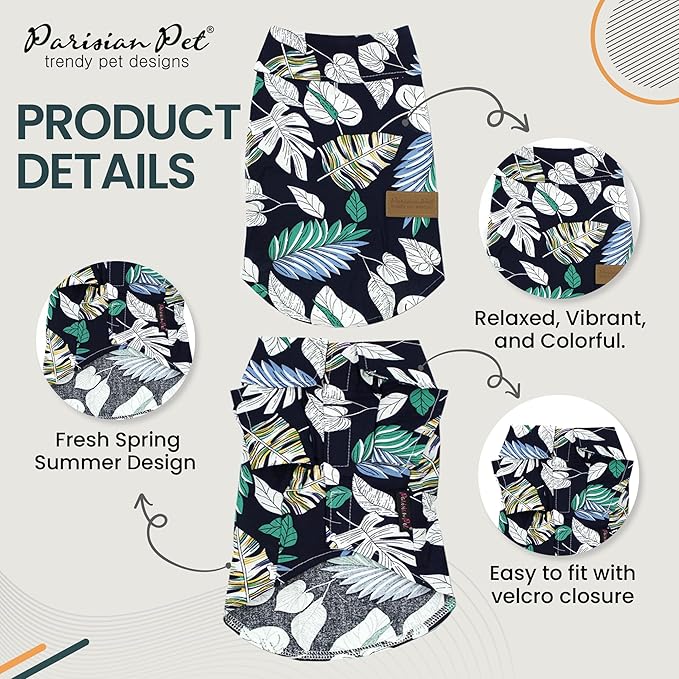 Parisian Pet Palm Leaves Dog Shirt - 100%Cotton Summer Clothes - Stylish Beach Outfit - Hook and Loop Closure - Machine Washable - XL3