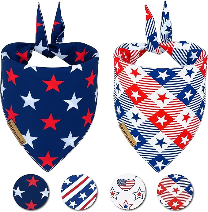 4th of July Dog Bandanas 2 Pack, 4 Pattern Reversible Holiday Bandana for Boy and Girl, Premium Durable Fabric, Summer Triangle Scarf for Medium to X-Large Breed Dogs (Large)
