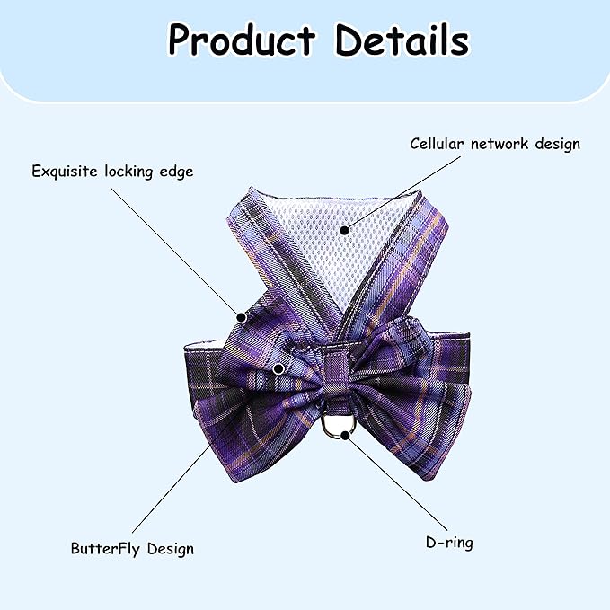 Plaid Dog Dress Bow Tie Harness Leash Set,Dog Clothes Harness Dress with Leash Ring for Small Dogs Girl, Puppy Princess Rabbit Clothes Chihuahua Yorkies Pet Outfits (Purple, X-Small)