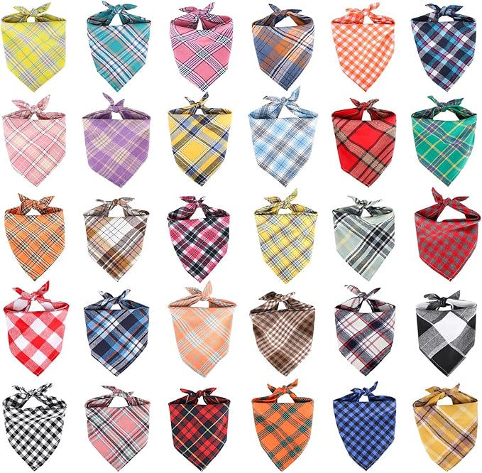 Segarty 30 Pack Triangle Dog Bandanas, 22.8"x15.7" Plaid Bibs Washable Pet Scarf Accessories Bulk for Small Medium Dogs Cats Large Puppy, Adjustable Reversible Boy Pets Birthday Kerchief
