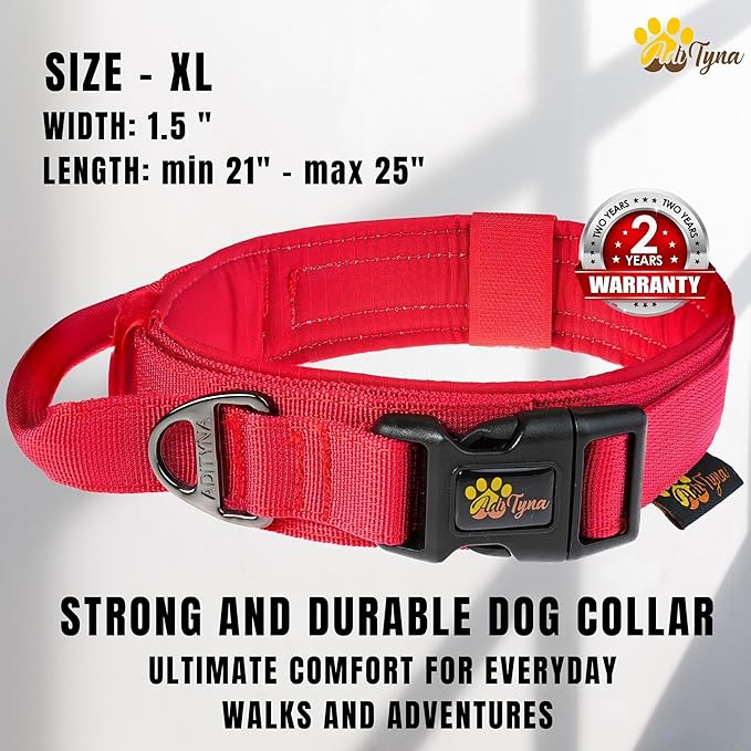 ADITYNA Tactical Dog Collar for Extra-Large Dogs - Soft Padded, Heavy Duty, Adjustable, Military Big Red Collar with Handle for Training and Walking